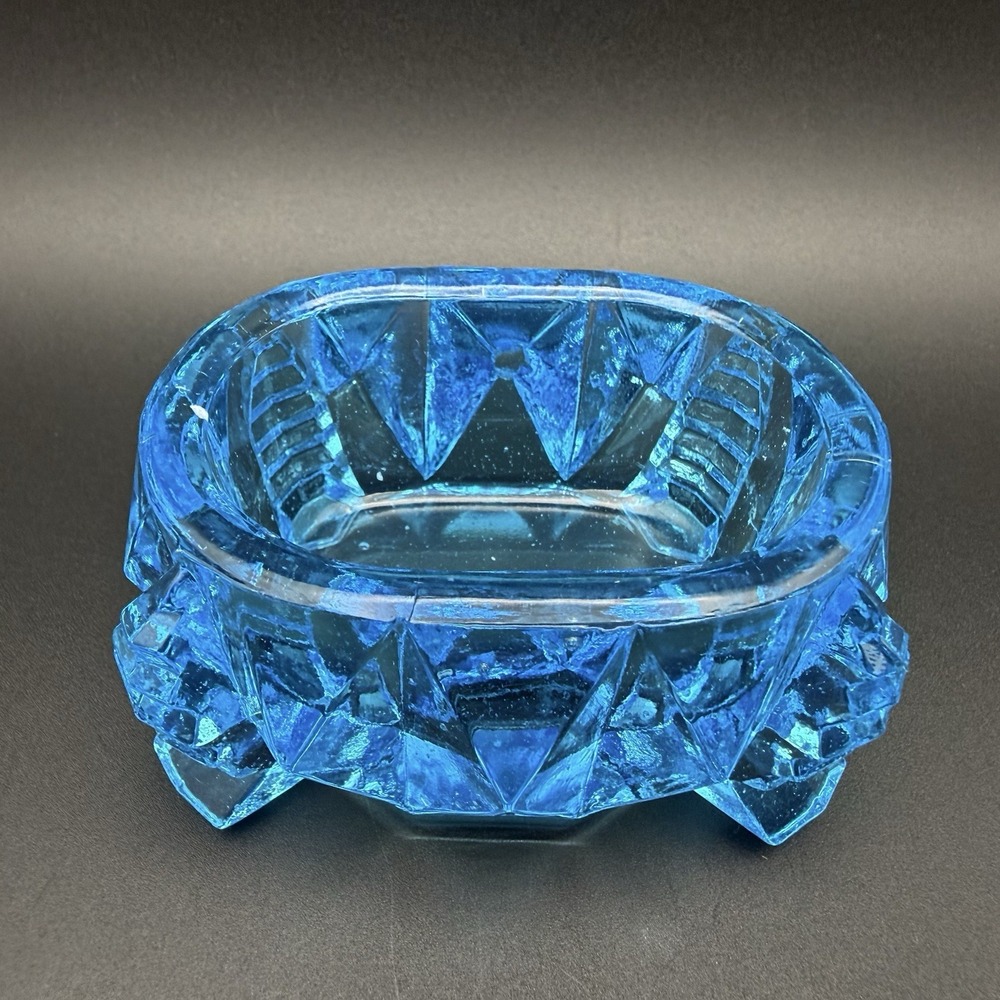 Art Deco Blue Depression Glass Master Salt Cellar Footed Geometric Zipper Design - Picture 7 of 13